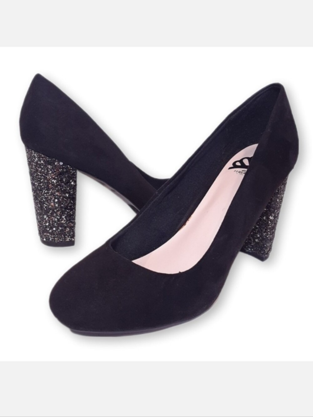 Fergalicious Dandy Velvet Chunky Glitter High Heels Round Toe Slip On Party